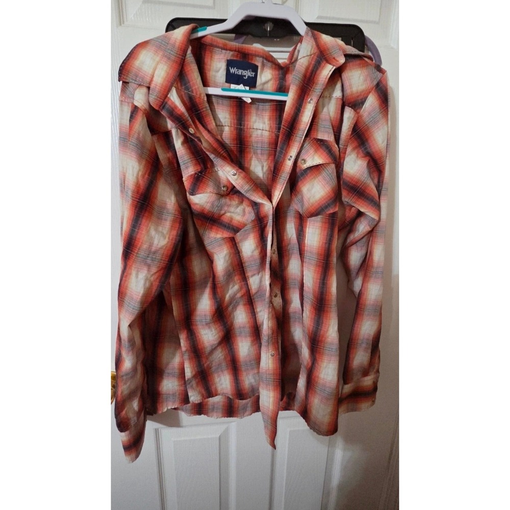 Wrangler Mens Plaid Western Snap Shirt Long Sleeve Red Orange Cowboy XL